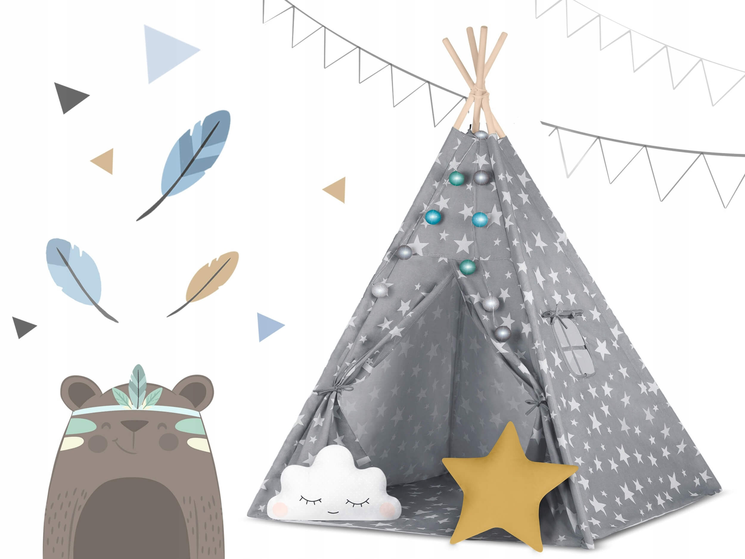 Tipi palapinė vaikams vigvamas su kilimėliu ir pagalvėlėmis