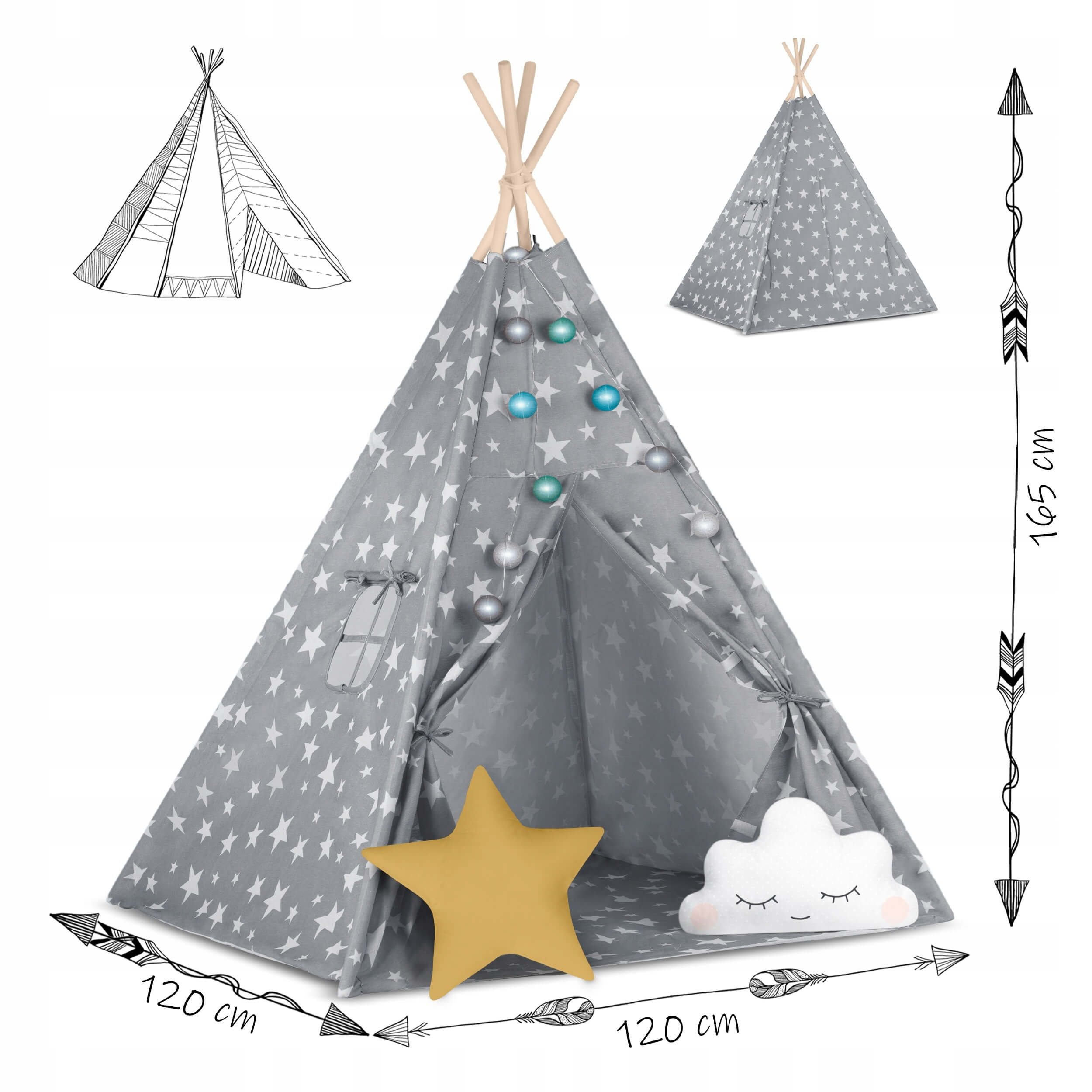 Tipi palapinė vaikams vigvamas su kilimėliu ir pagalvėlėmis