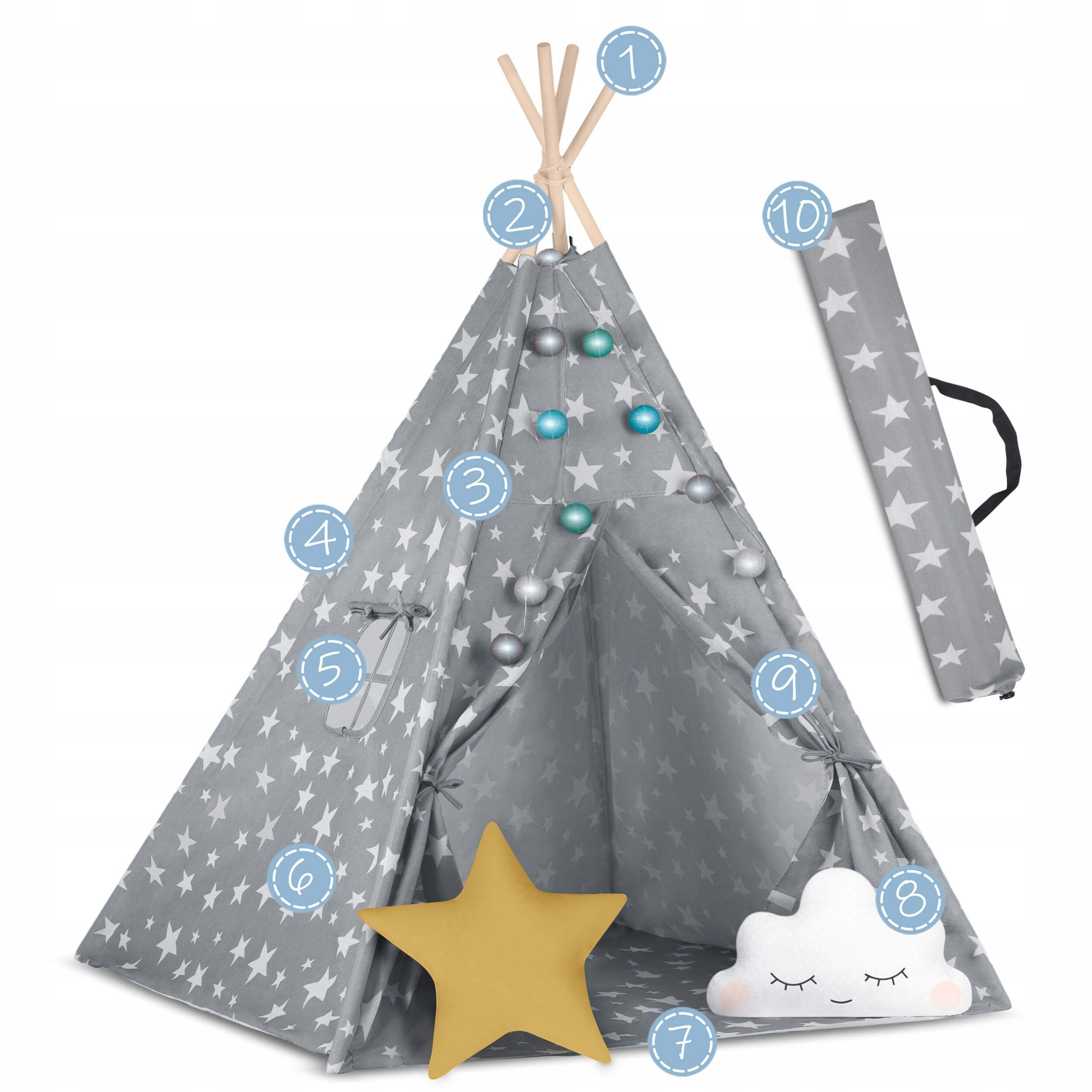 vaikiška palapinė su kilimėliu ir lemputėmis