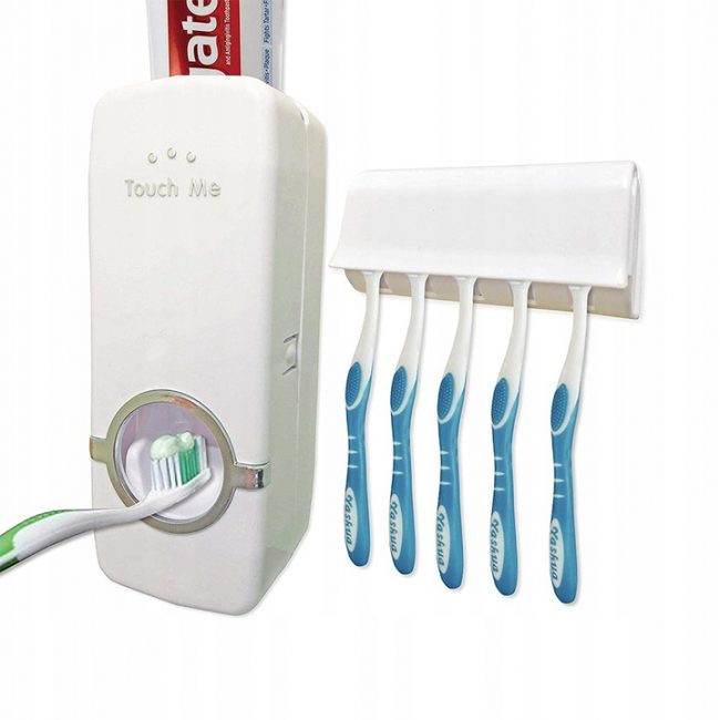 Automatinis dantų pastos dozatorius ir dantų šepetėlių laikiklis