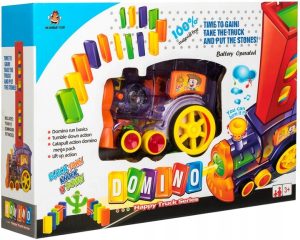 Žaislinis lokomotyvas su domino kaladėlėmis