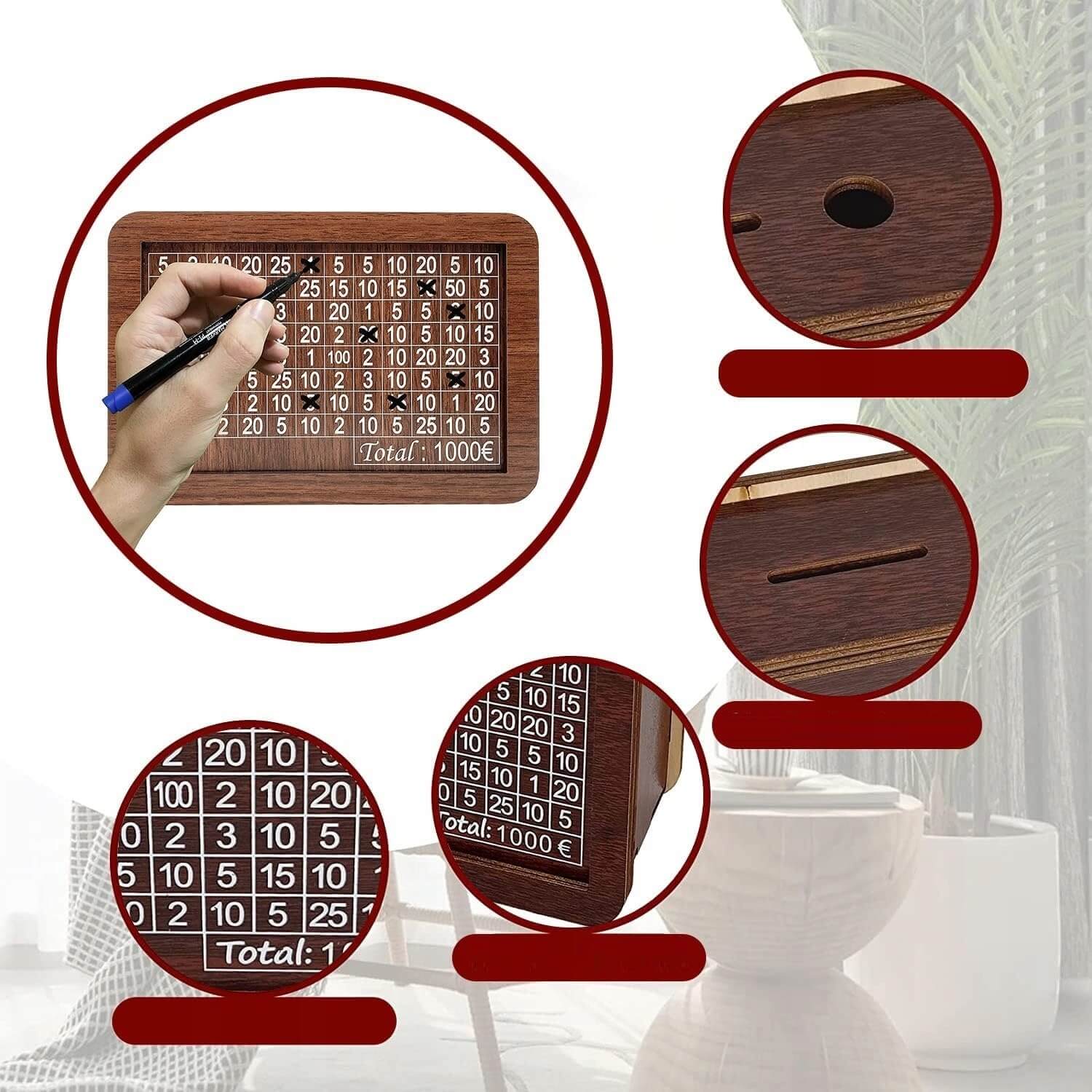 pinigų taupymo žinutė su išbraukiamais skaičiais