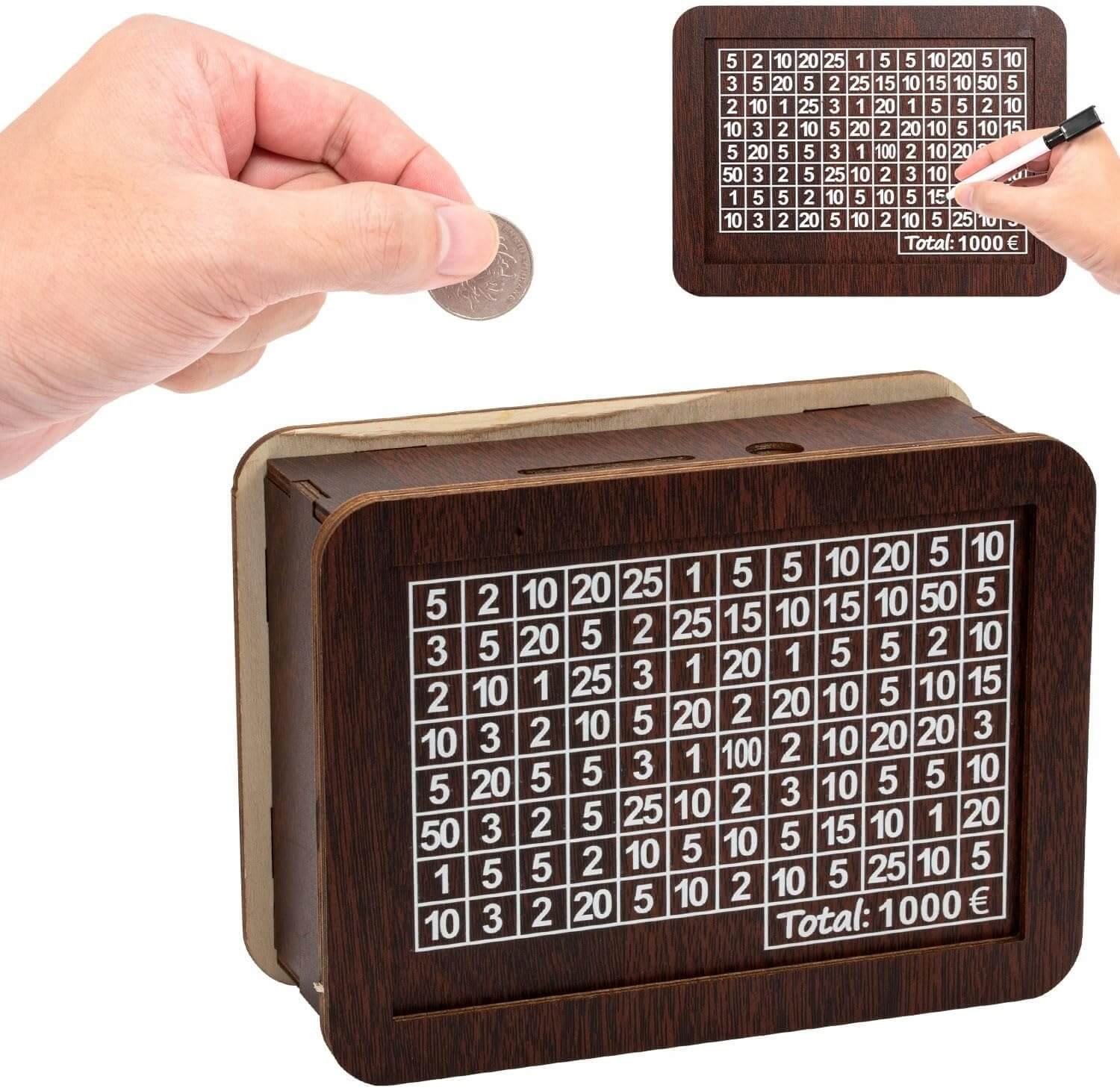 pinigų taupymo žinutė su išbraukiamais skaičiais