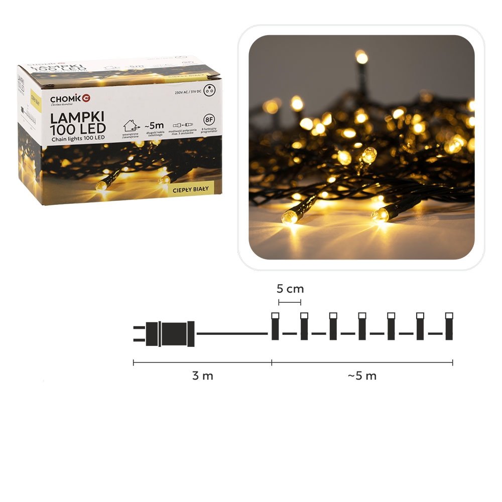 Kalėdinės LED girliandos, 100 LED, šiltai balta šviesa, 5 m kaina internetu