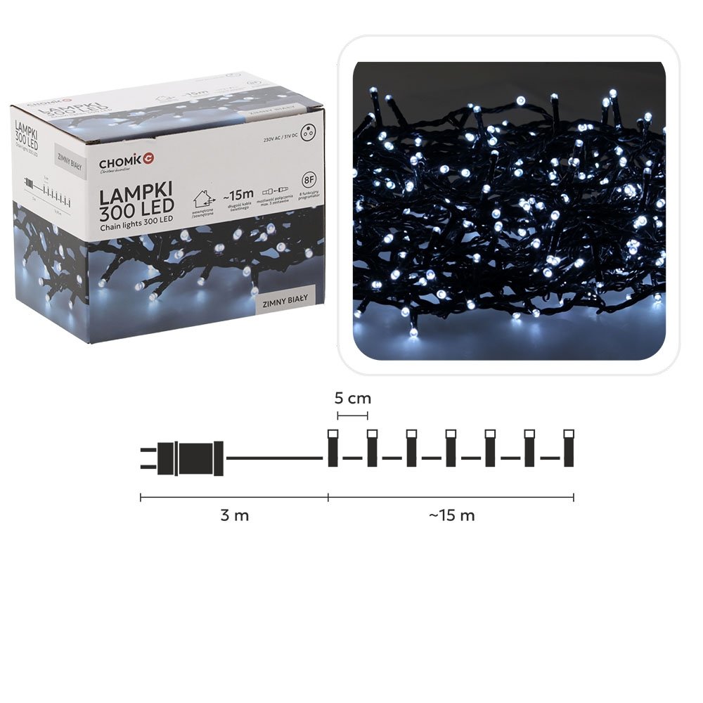 Kalėdinės LED girliandos , 300 LED, šaltai balta šviesa, 15 m kaina internetu